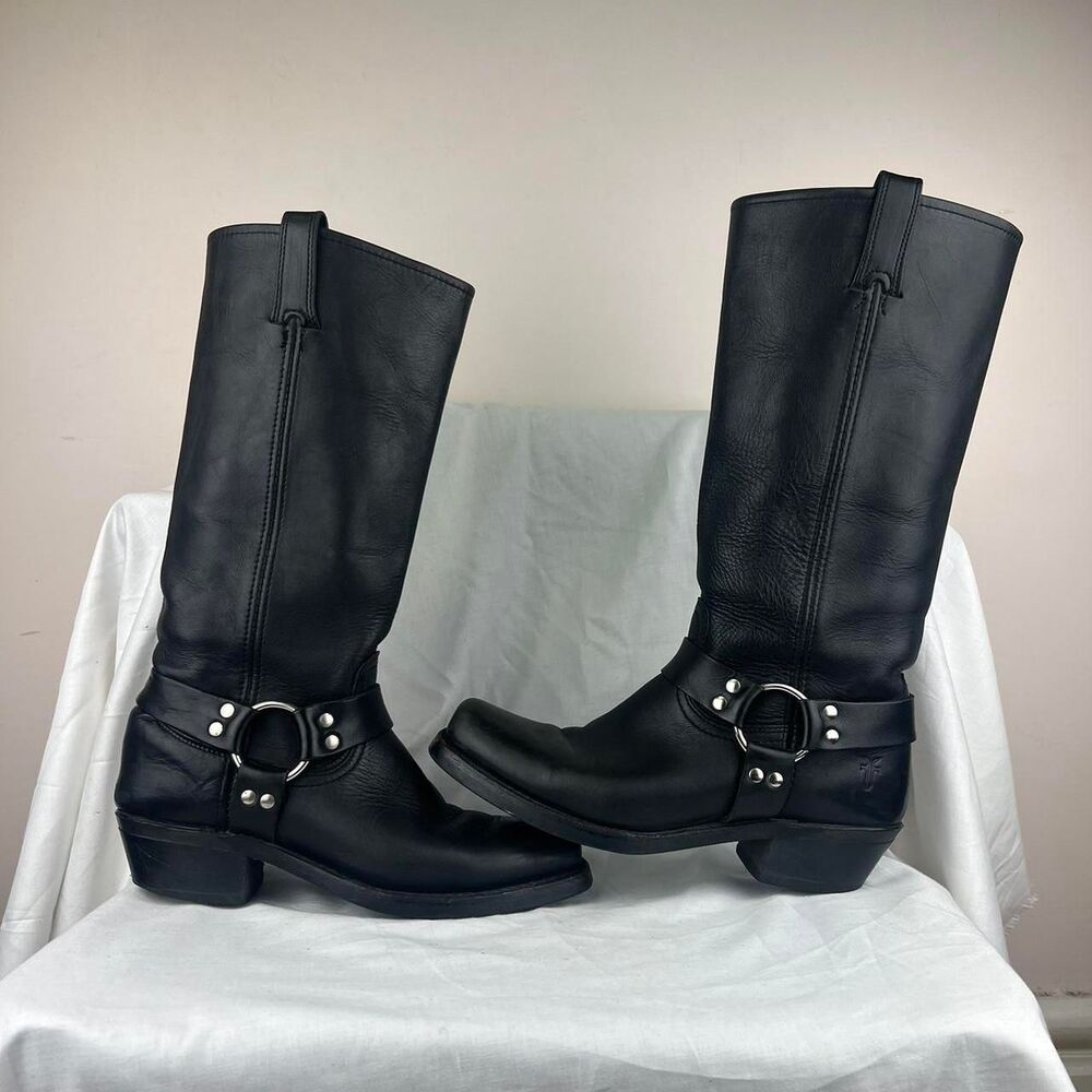 Frye Harness Moto Black Leather Knee-High Boots Size 10